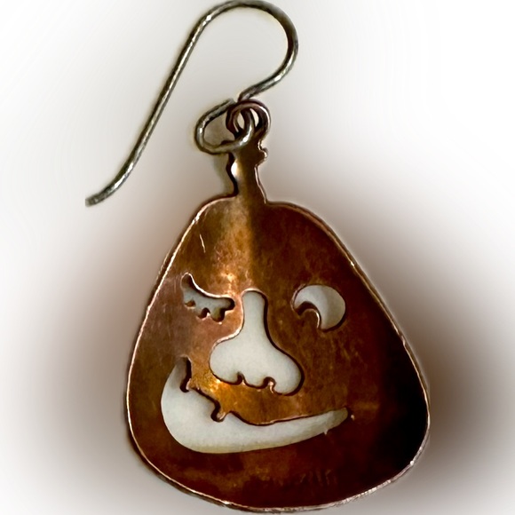 VTG RARE ZIRKUS JACK-O-LANTERN PUMPKIN COPPER SILVER EARRINGS HALLOWEEN 1.25” - Picture 7 of 8
